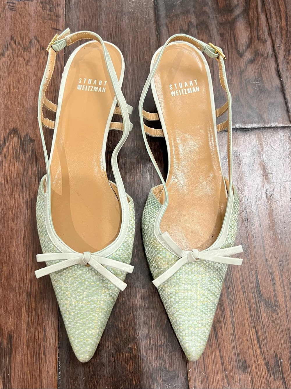 Vintage Stuart Weitzman Light Green Pointed Toe Slingback Mules with Bow